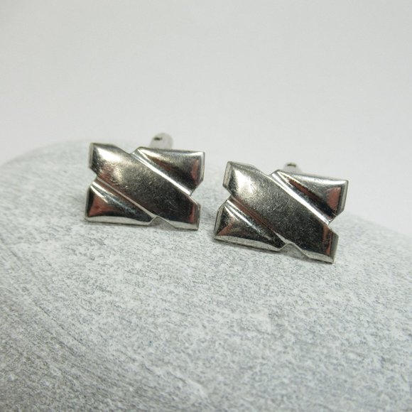 Vintage Silvertone Geometric Cuff Links - Picture 2 of 6